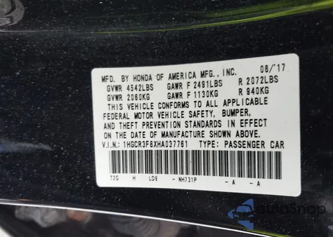 2017 Honda Accord Ex-L V6 z USA, uszkodzony, nr VIN 1HGCR3F8XHA037761